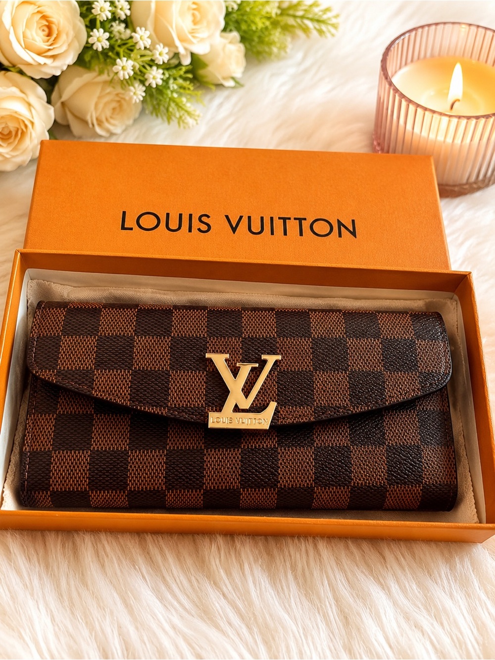 Source Unknown Brown Checkerboard Continental Wallet with Gold Emblem